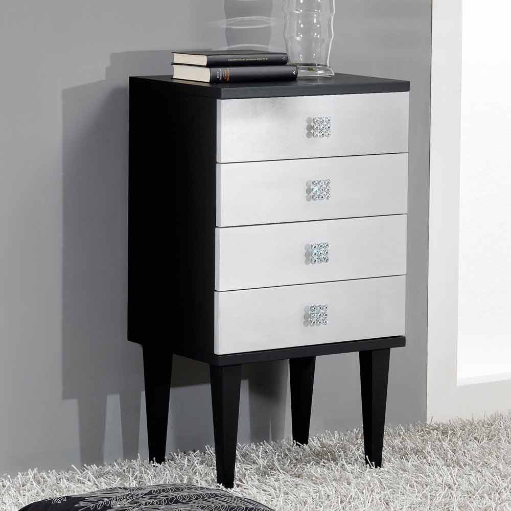 Diseño del cofre de madera de 4 cajones negro y plata Etty