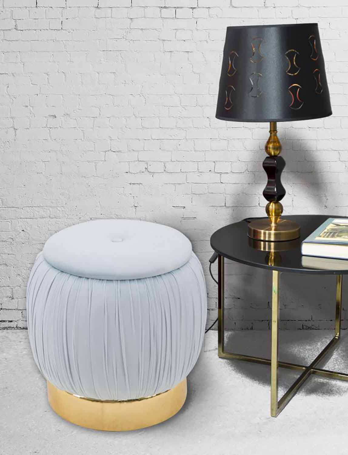 Puf contenedor redondo de color moderno en madera y tela