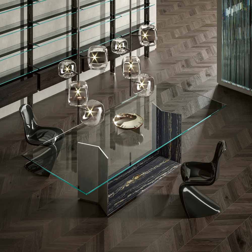 grado Legado techo Mesa de comedor de diseño en vidrio, mármol y metal Made in Italy