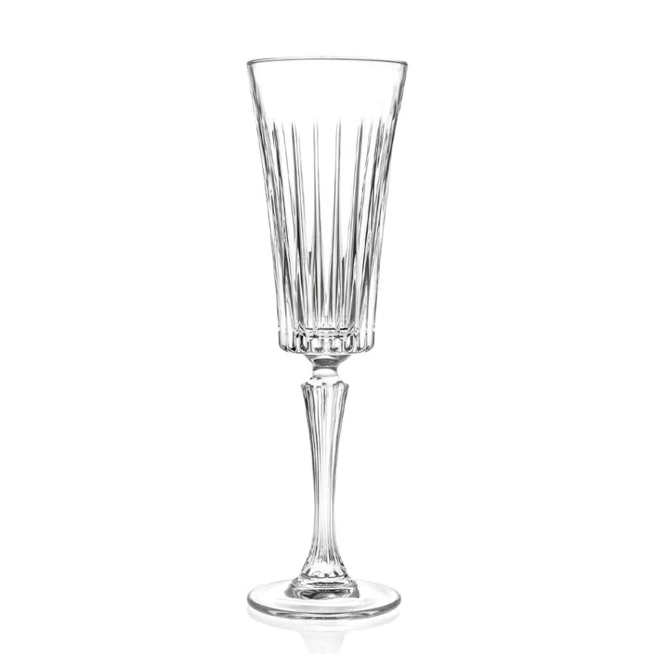 12 Copas Flauta para Vino Espumoso con Decoración de Cortes Lineales en Eco Crystal - Senzatempo Viadurini