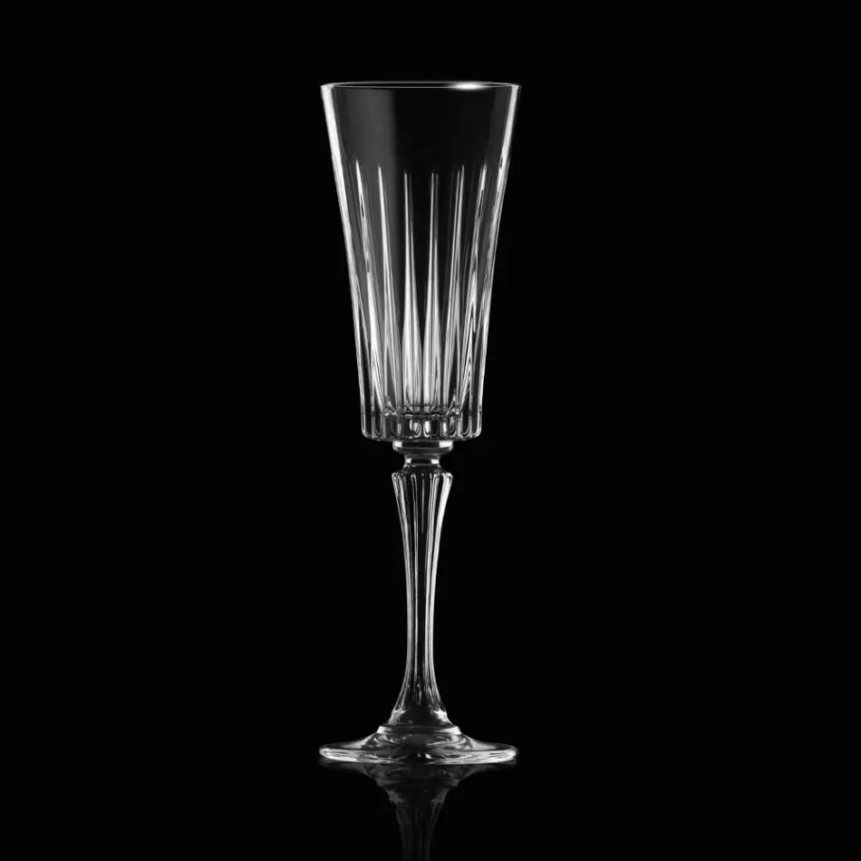 12 Copas Flauta para Vino Espumoso con Decoración de Cortes Lineales en Eco Crystal - Senzatempo Viadurini