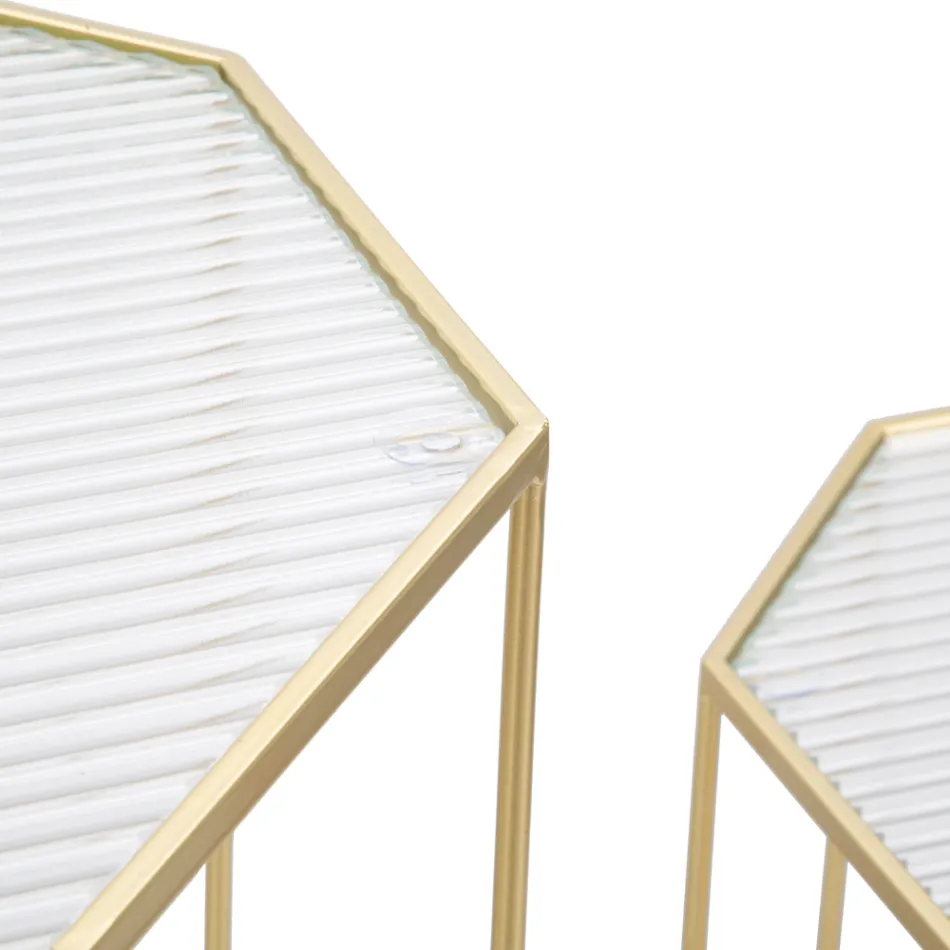 2 Mesas telefónicas en hierro dorado y tapa de cristal - Papa Viadurini