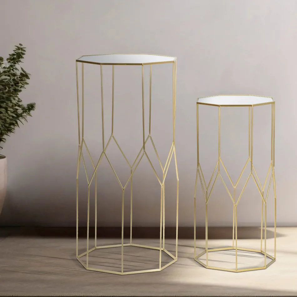 2 Mesas telefónicas en hierro dorado y tapa de cristal - Papa Viadurini