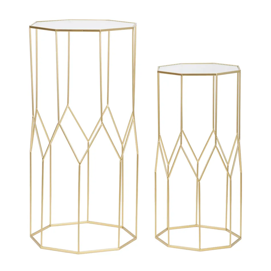 2 Mesas telefónicas en hierro dorado y tapa de cristal - Papa Viadurini