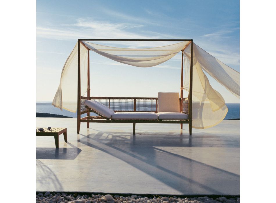 Alcoba de exterior en teca con cortina y cojines Made in Italy - Oracle Viadurini