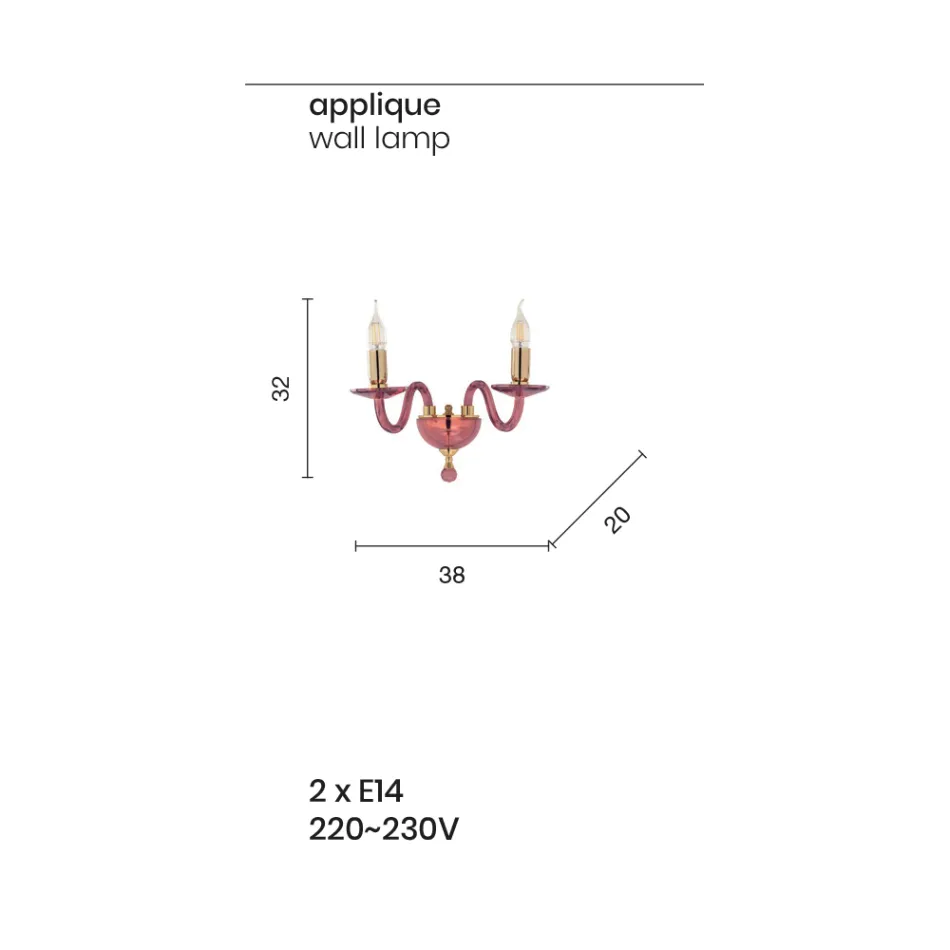 Lámpara de pared clásica de 2 luces en vidrio italiano hecho a mano y metal dorado - Oliver Viadurini