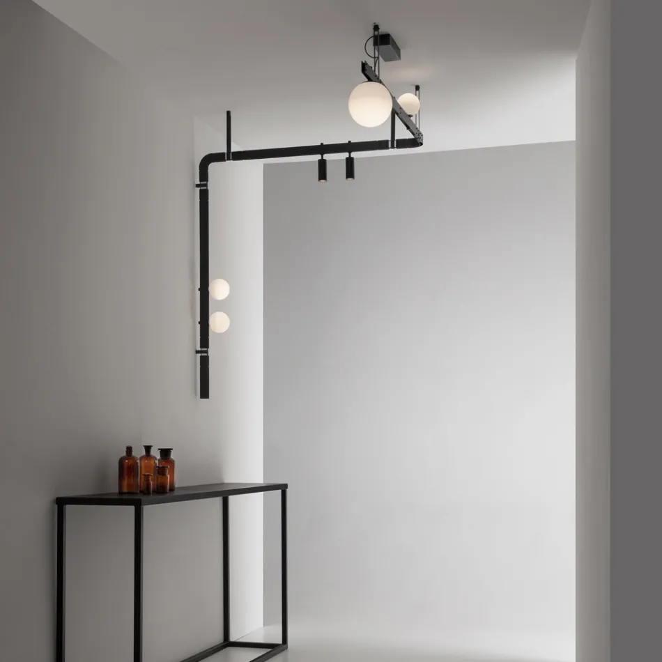 Lámpara de pared de diseño en aluminio negro con esferas y focos - Exodus Viadurini