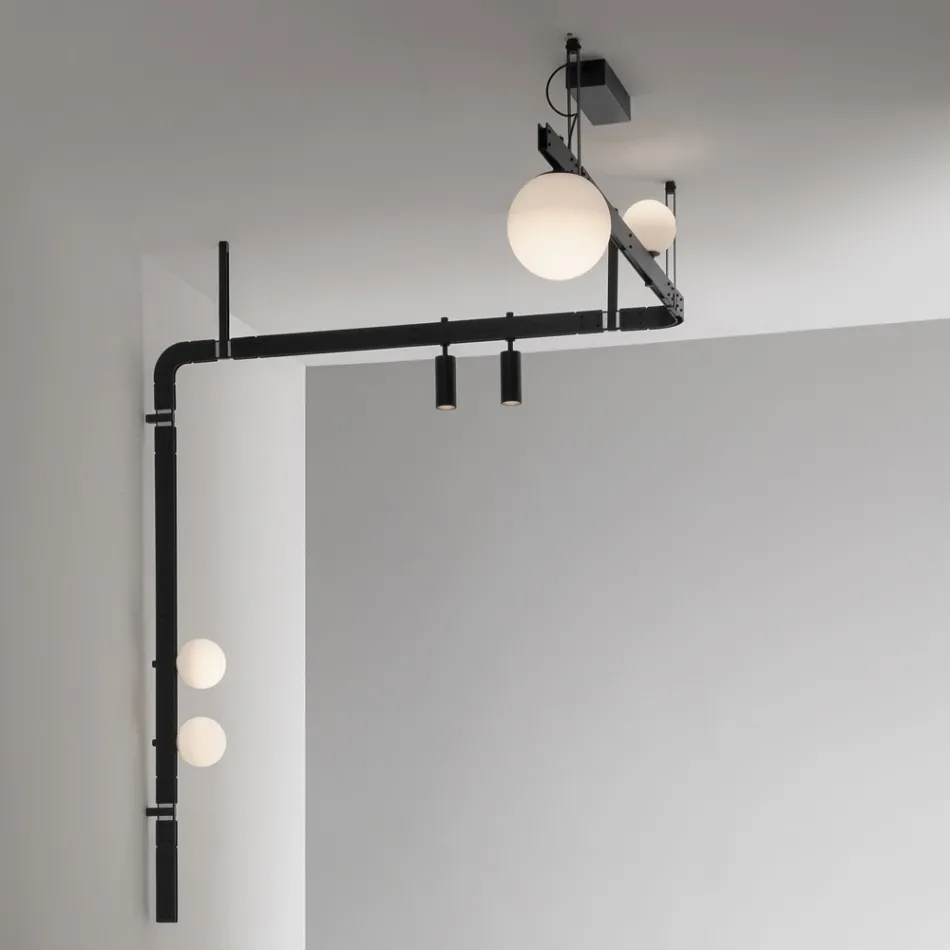 Lámpara de pared de diseño en aluminio negro con esferas y focos - Exodus Viadurini