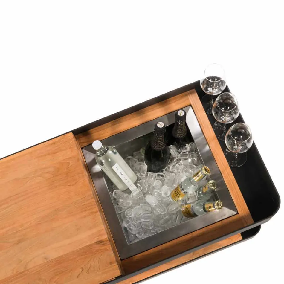 Diseño moderno de barra móvil sobre ruedas con mesa de madera y acero - Giancalliope Viadurini