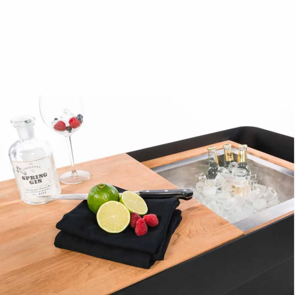 Diseño moderno de barra móvil sobre ruedas con mesa de madera y acero - Giancalliope Viadurini