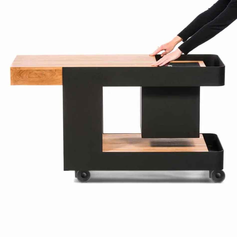 Diseño moderno de barra móvil sobre ruedas con mesa de madera y acero - Giancalliope Viadurini