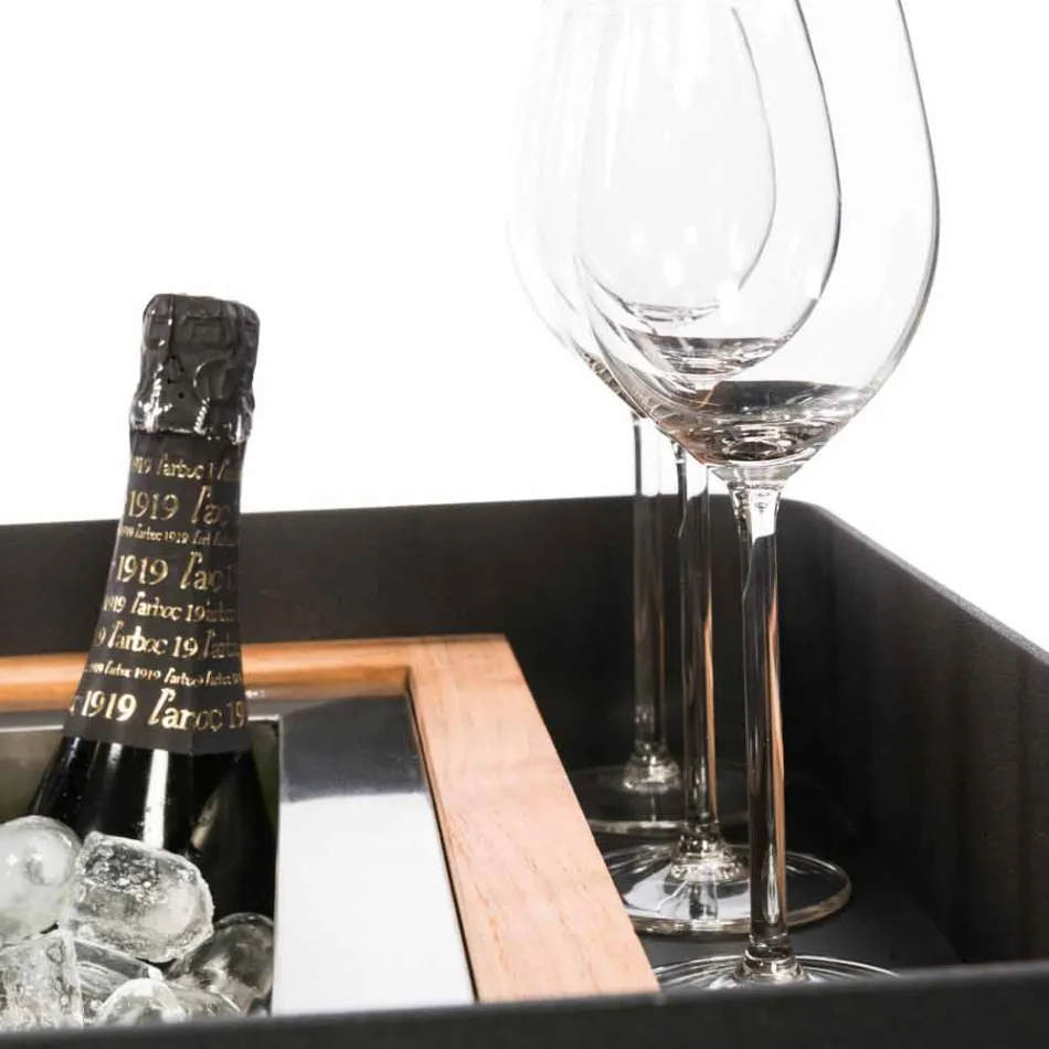 Diseño moderno de barra móvil sobre ruedas con mesa de madera y acero - Giancalliope Viadurini