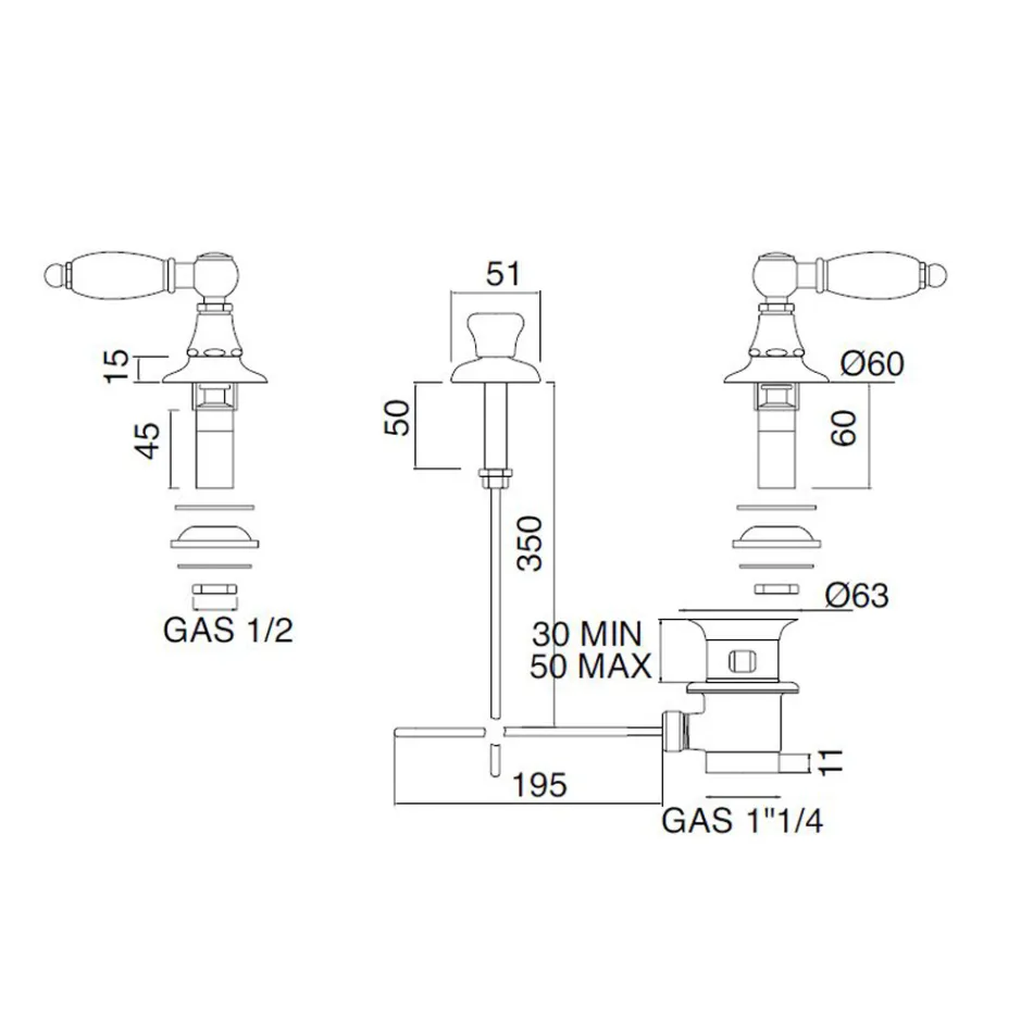 Mezclador de bidé de 3 orificios con entrega interna de latón Made in Italy - Noriana Viadurini