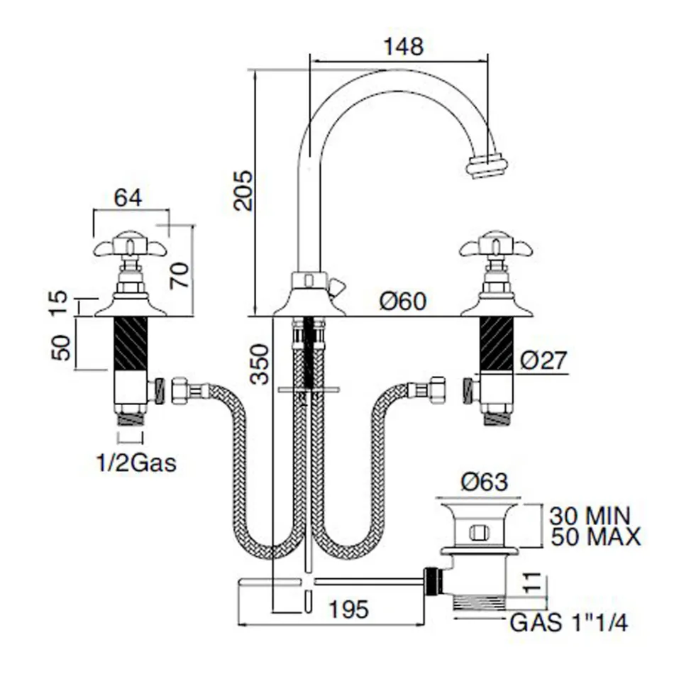 Mezclador de lavabo de 3 orificios con caño alto de latón y tiradores de mariposa - Miriano Viadurini