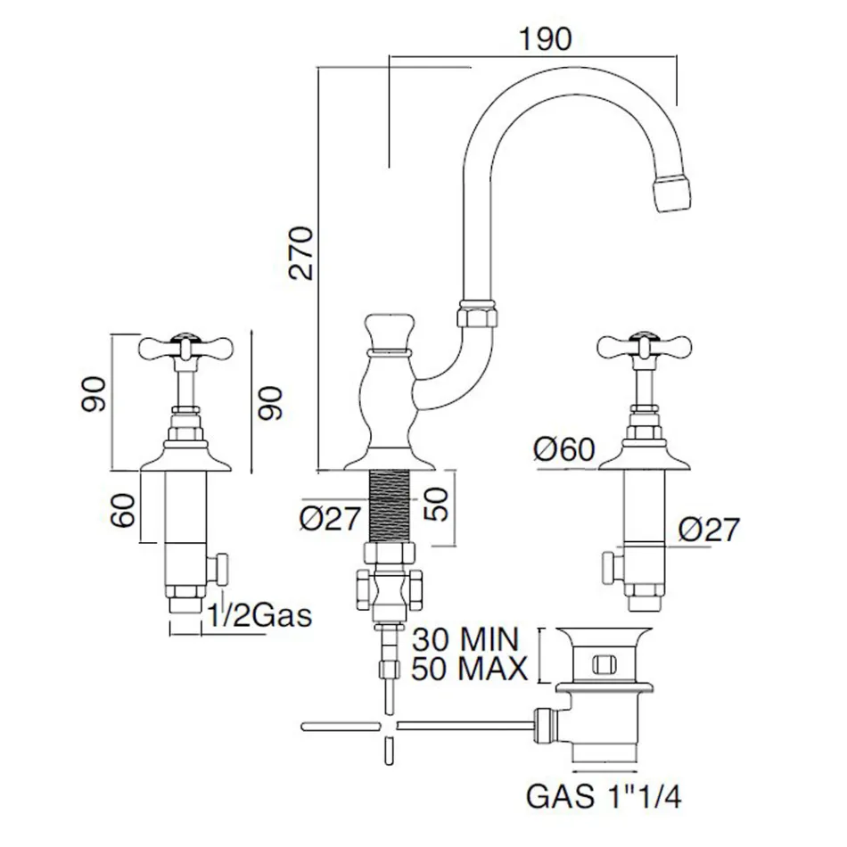 Mezclador de lavabo de 3 orificios con caño alto en latón clásico hecho a mano - Fioretta Viadurini