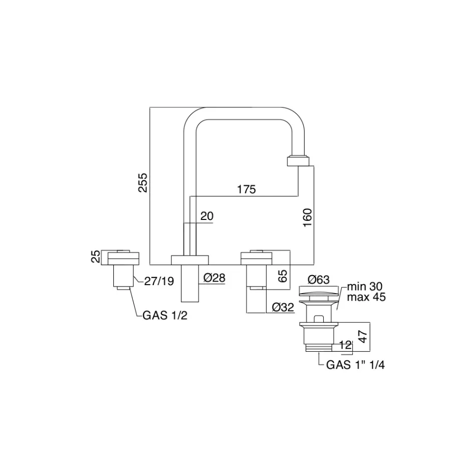 Mezclador de lavabo moderno de 3 orificios con desagüe Made in Italy - Quito Viadurini