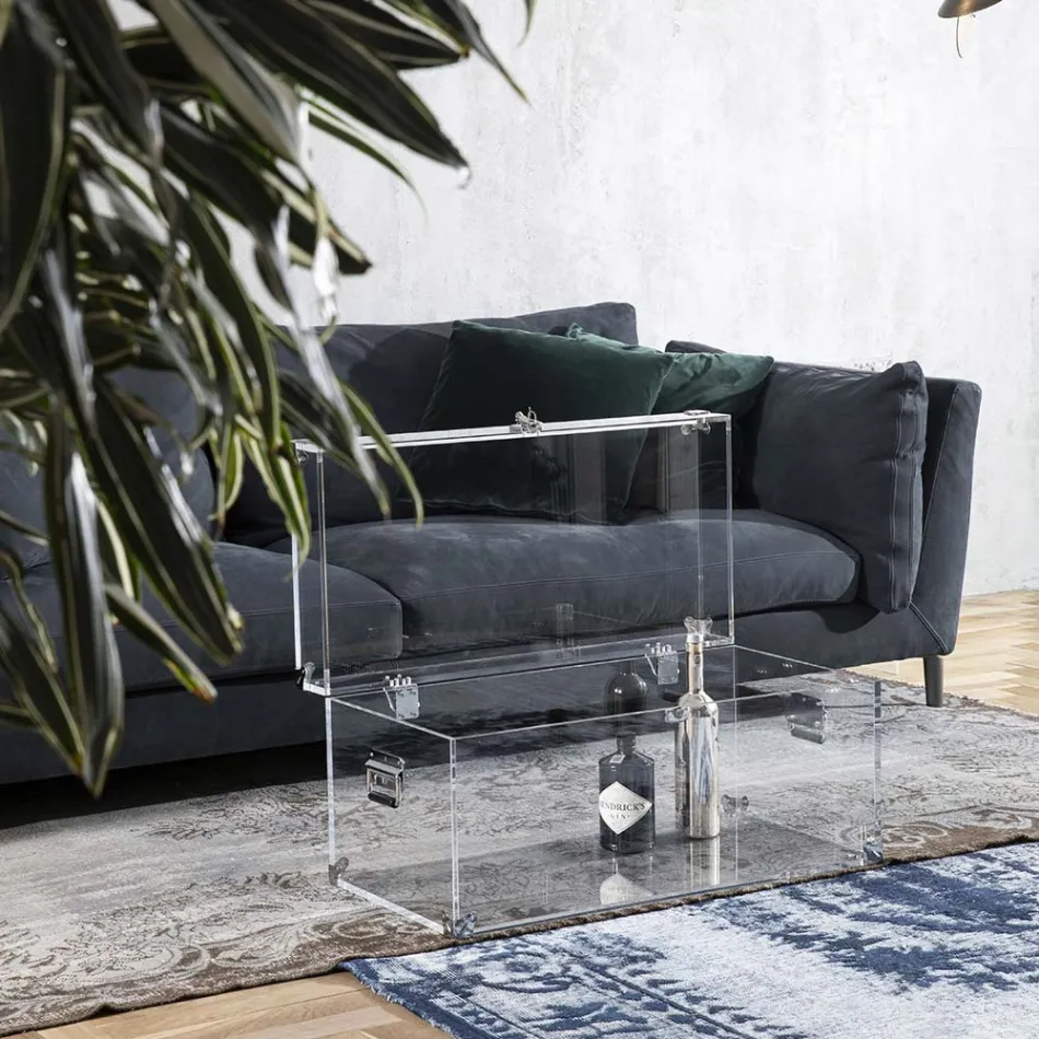 Baúl de diseño en cristal acrílico transparente y acero moderno - Dante Viadurini