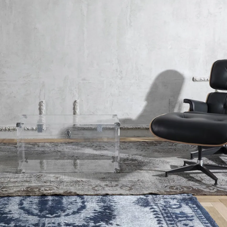 Baúl de diseño en cristal acrílico transparente y acero moderno - Dante Viadurini