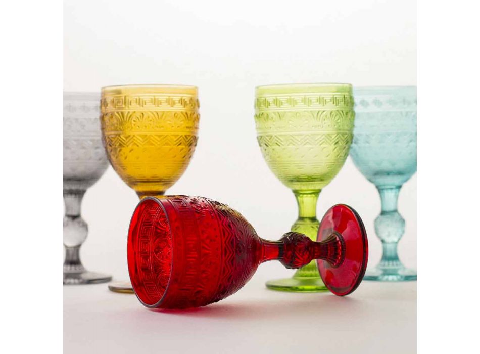 Copas de copa para agua o vino en vidrio de colores y decoraciones en relieve - Folk Viadurini