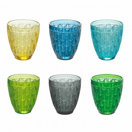 Vasos de agua de vidrio coloreado con decoración de hojas, 12 piezas - Indonesia Viadurini
