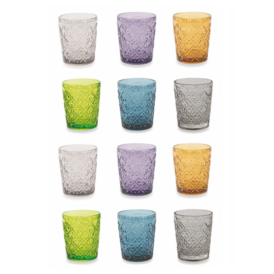 Vasos de agua de vidrio coloreado con adornos arabescos 12 piezas - Marruecos Viadurini