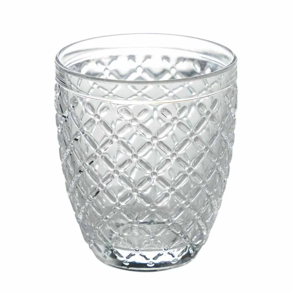 Vasos de agua de vidrio transparente con decoraciones talladas 12 piezas - Rocca Viadurini