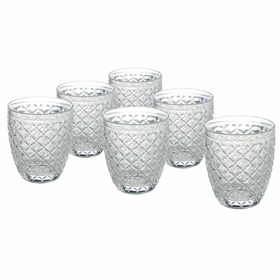 Vasos de agua de vidrio transparente con decoraciones talladas 12 piezas - Rocca Viadurini