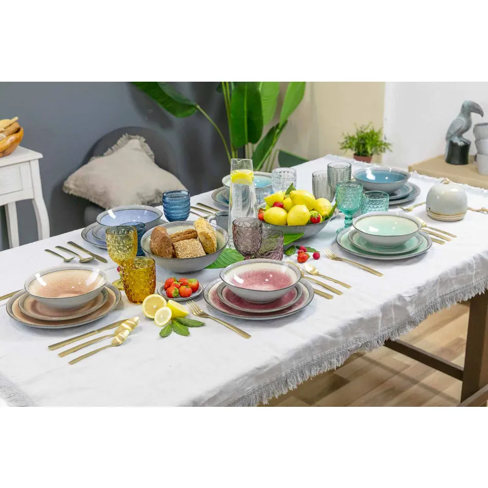 Vasos decorados de vidrio coloreado moderno que sirven agua 12 piezas - Mezcla Viadurini