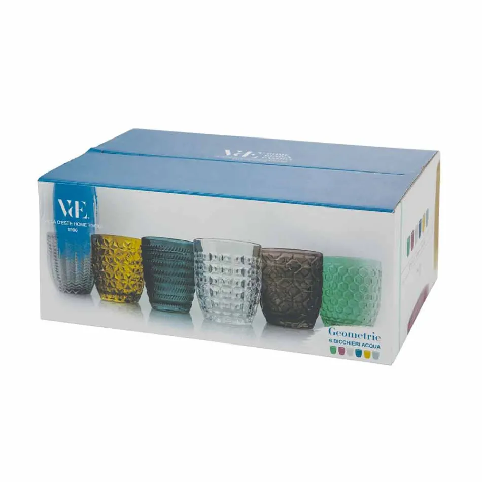 Vasos decorados de vidrio coloreado moderno que sirven agua 6 piezas - Mezcla Viadurini
