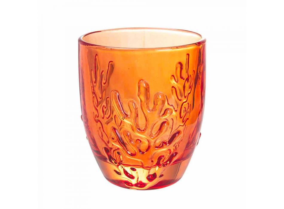 Vasos de agua de vidrio coloreado con decoración de coral, 12 piezas - Crimson Viadurini