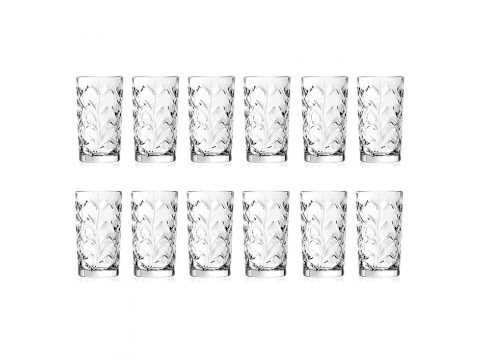 Vasos altos con decoración de hojas de cristal ecológico, 12 piezas - Magnolio Viadurini