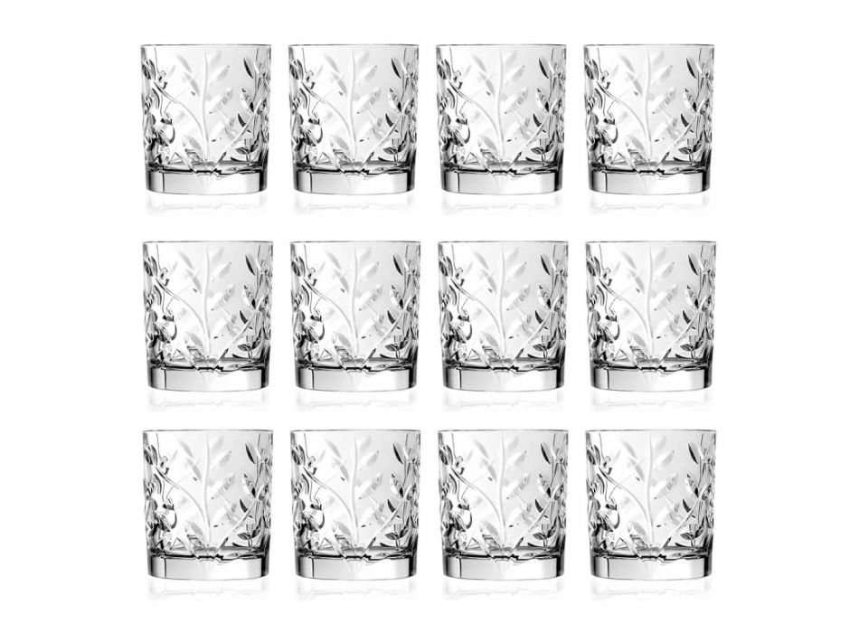 Vasos bajos con decoración de hojas de cristal ecológico 12 piezas - Magnolio Viadurini
