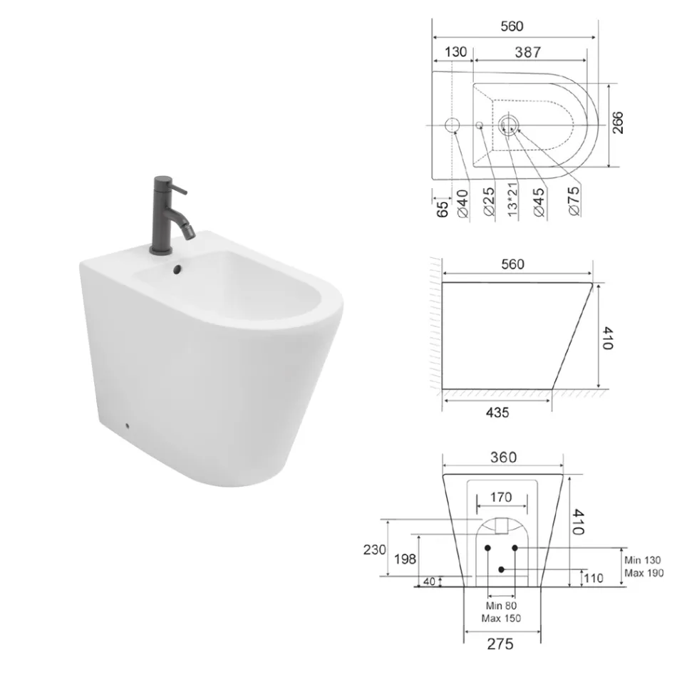 Bidé Salice de un solo orificio, de pie, en cerámica blanca con un elegante diseño moderno. Viadurini