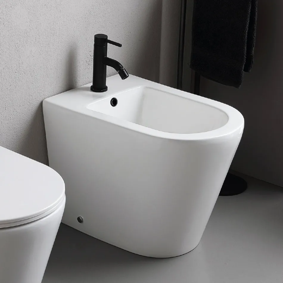 Bidé Salice de un solo orificio, de pie, en cerámica blanca con un elegante diseño moderno. Viadurini