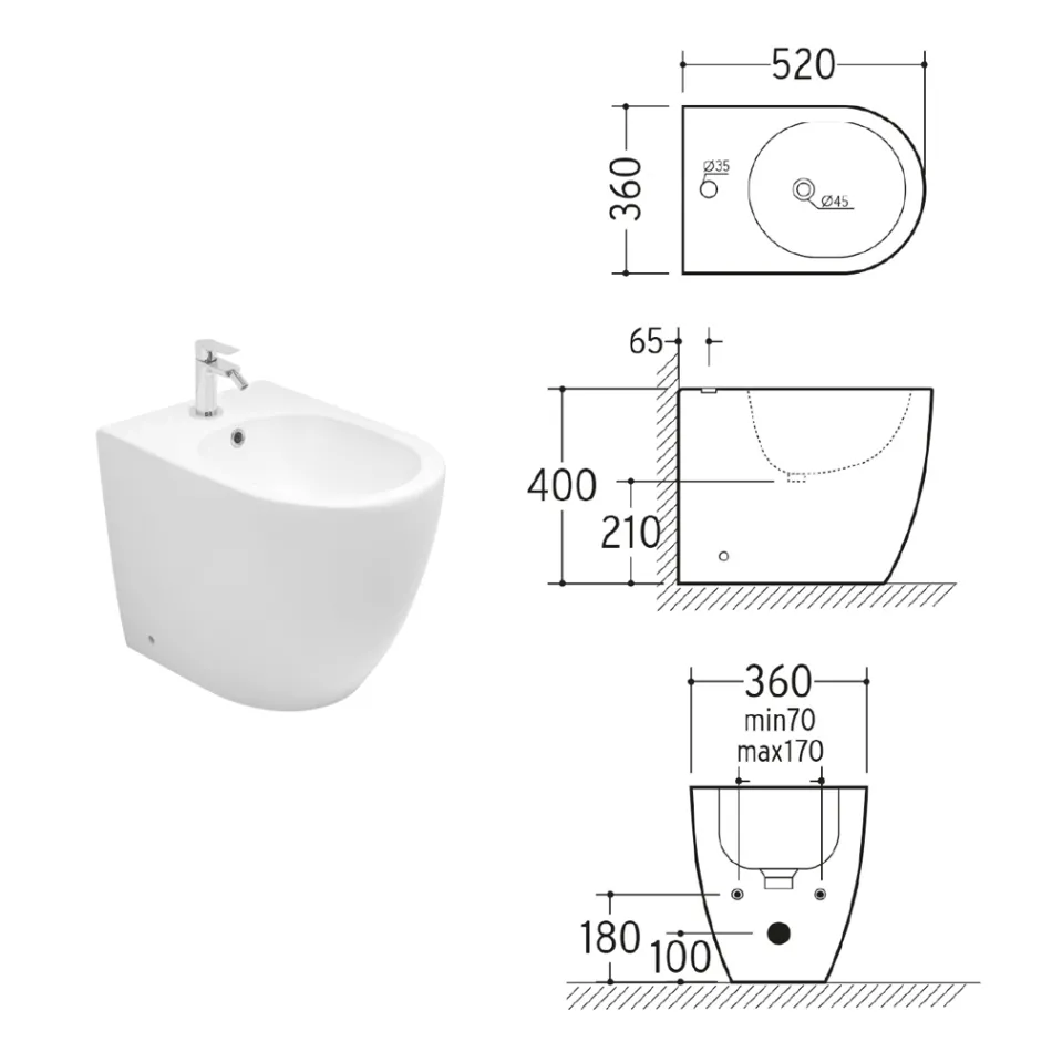 Bidé monomando de pie Aster en cerámica blanca duradera con un diseño moderno. Viadurini