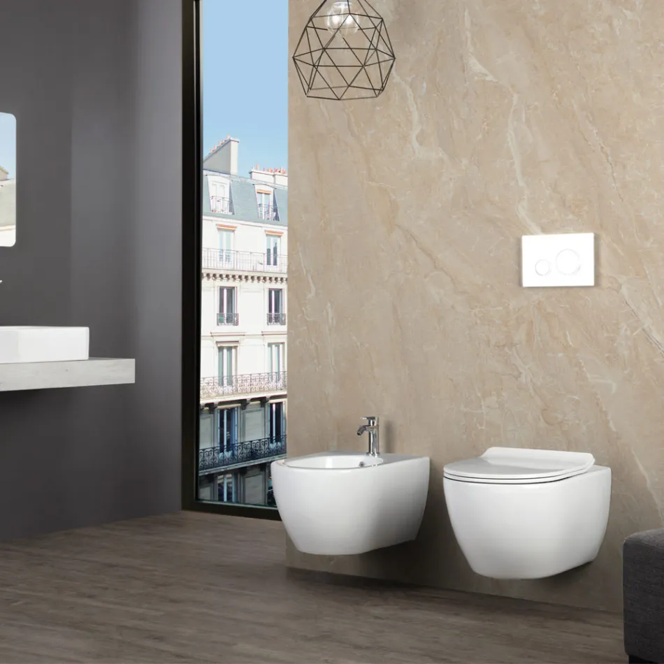 Aster - Bidé de pared en cerámica blanca duradera con un diseño moderno. Viadurini