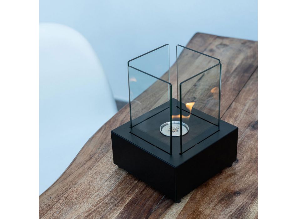Biochimenea de mesa en vidrio templado con base en metal negro - Coriano Viadurini