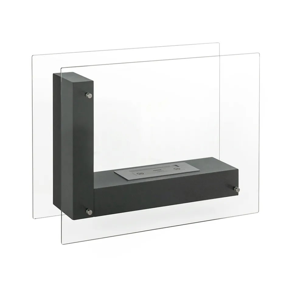 Biochimenea de suelo con estructura de doble cara en vidrio y metal negro - Squillo Viadurini