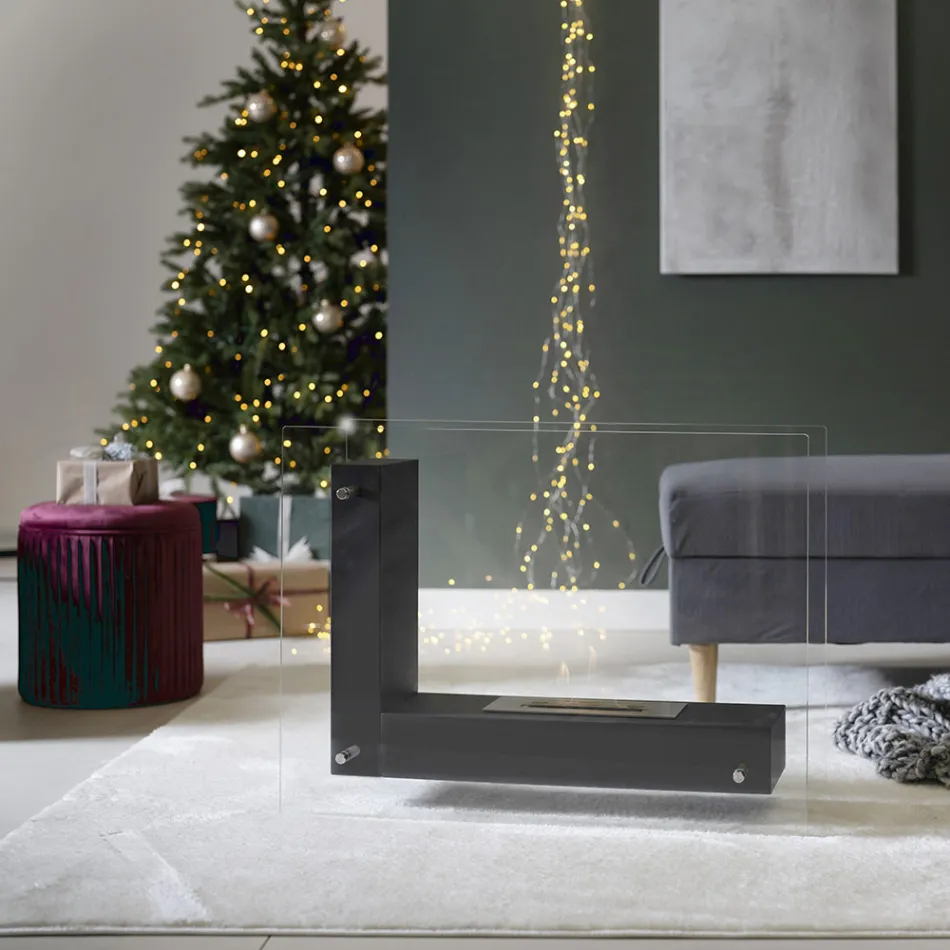Biochimenea de suelo con estructura de doble cara en vidrio y metal negro - Squillo Viadurini