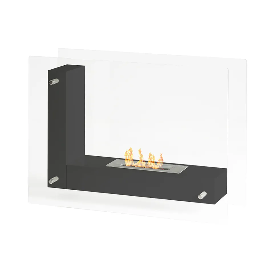 Biochimenea de suelo con estructura de doble cara en vidrio y metal negro - Squillo Viadurini