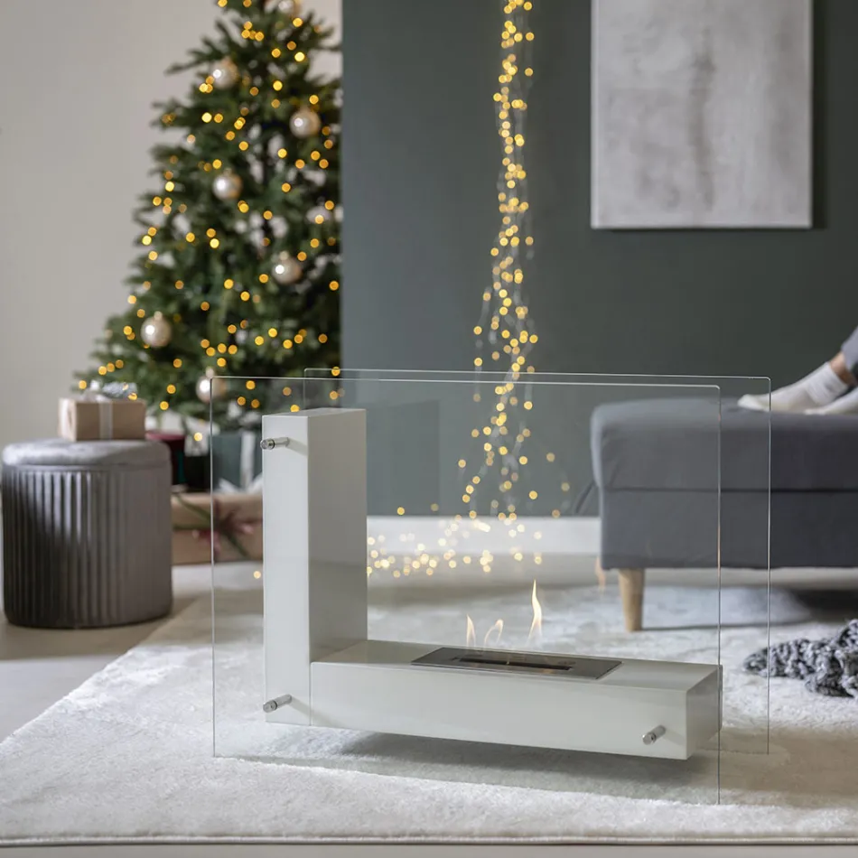 Biochimenea de Suelo con Estructura Doble Cara de Vidrio y Metal - Planeto Viadurini
