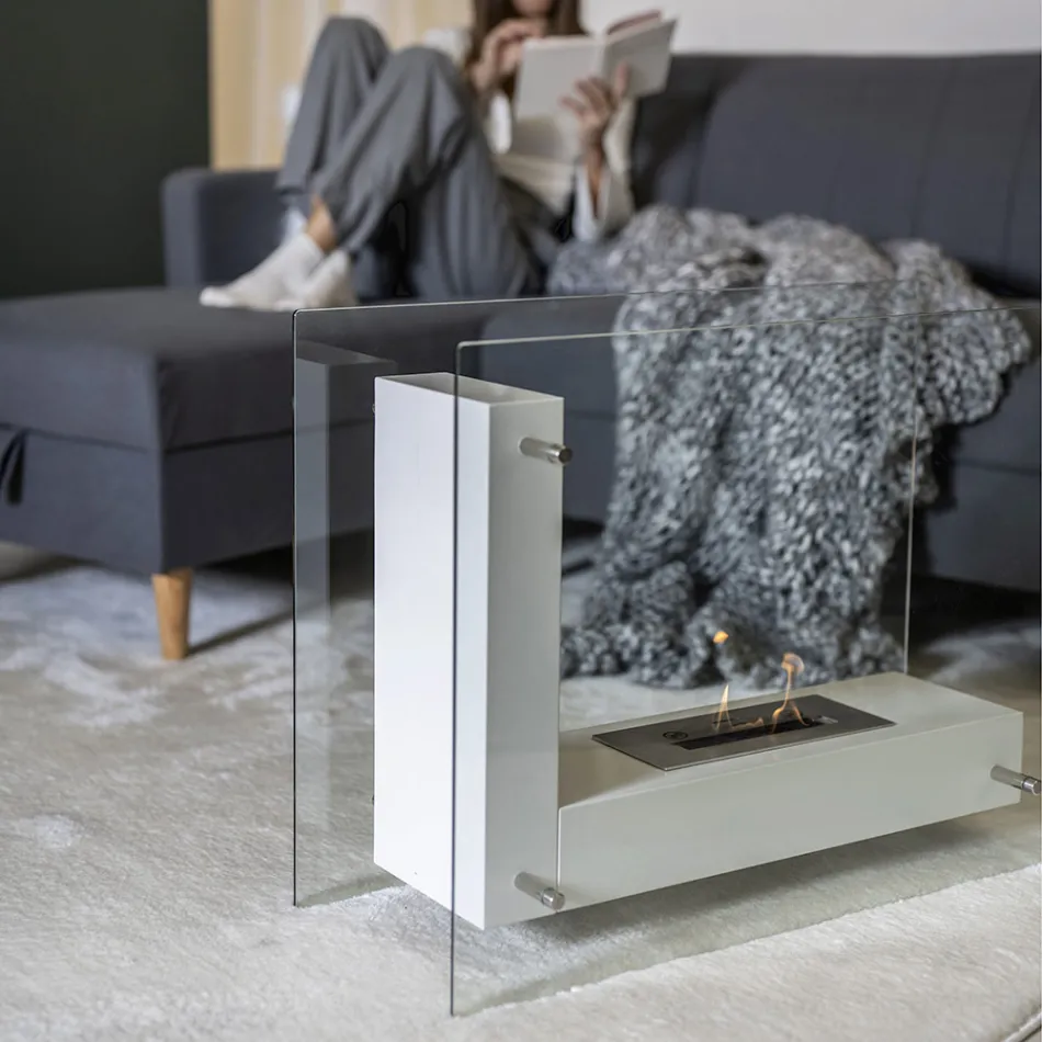 Biochimenea de Suelo con Estructura Doble Cara de Vidrio y Metal - Planeto Viadurini