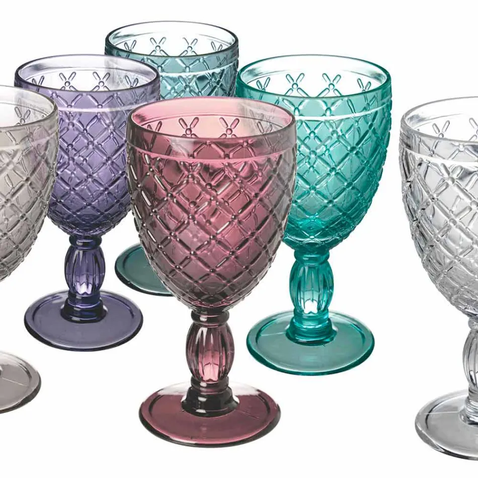 Copa de vino o agua en vidrio coloreado o transparente con decoraciones, 12 piezas - Rocca Viadurini
