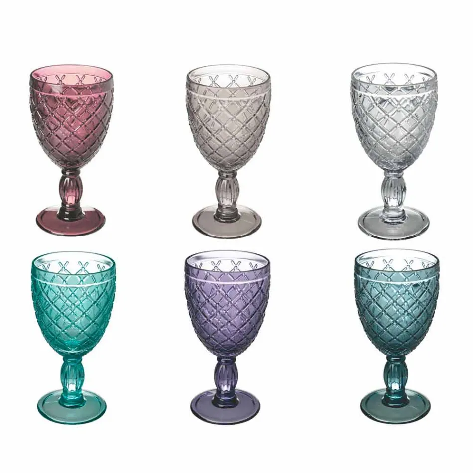 Copa de vino o agua en vidrio coloreado o transparente con decoraciones, 12 piezas - Rocca Viadurini
