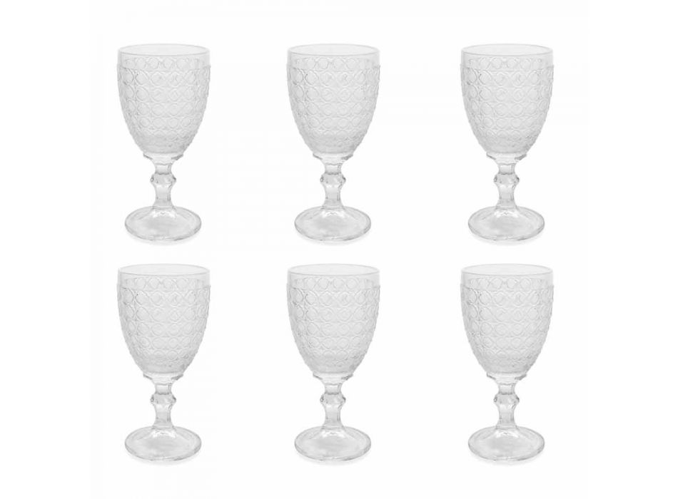 Copas de vino en vidrio transparente y decoraciones en relieve, 12 piezas - Aperi Viadurini