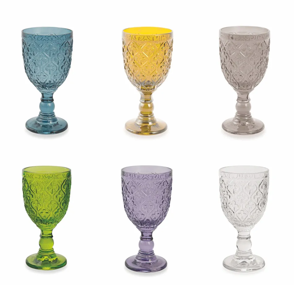 Copas de vino o agua en vidrio de colores y decoración arabescos 12 piezas - Marruecos Viadurini