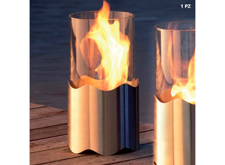 chimenea de bioetanol con mesa de acero inoxidable y vidrio Leon, fabricado en Italia Viadurini