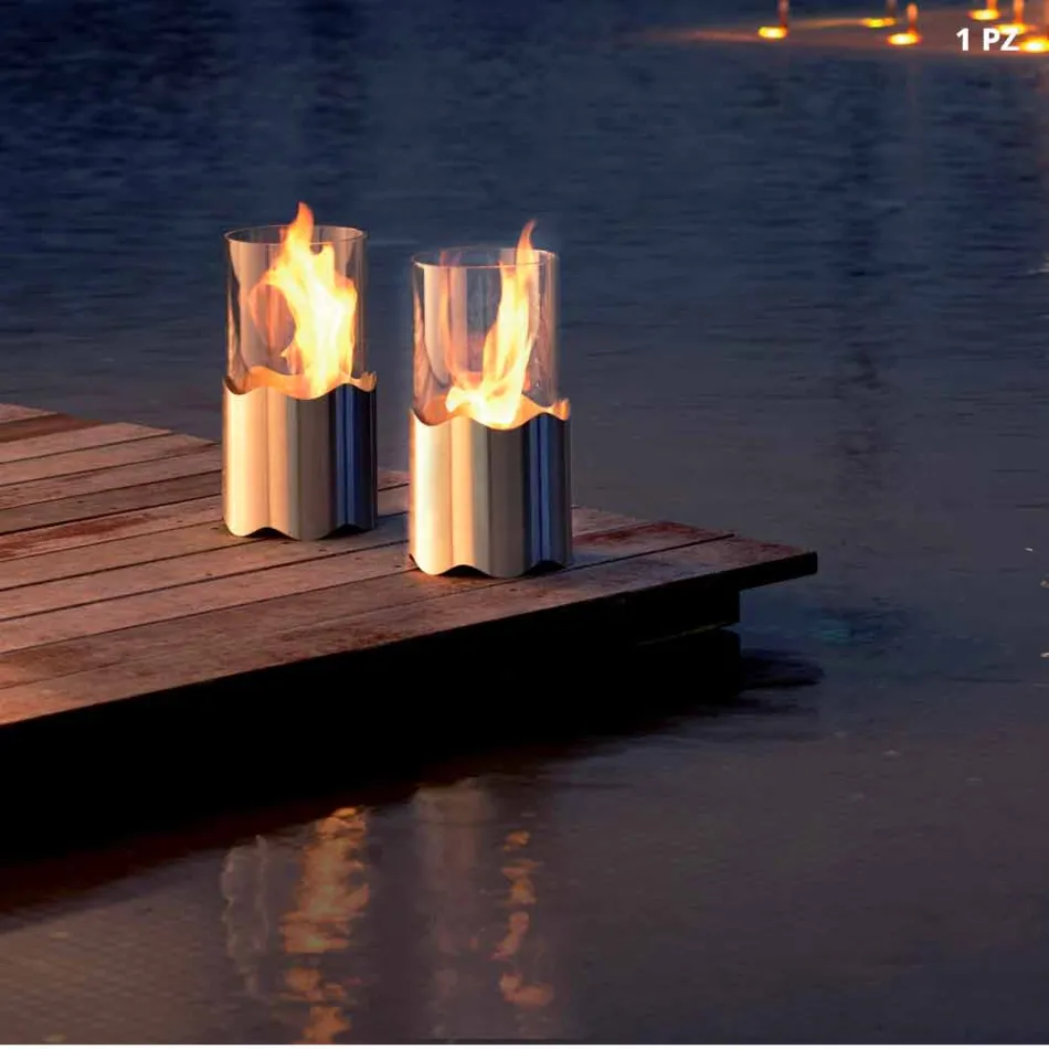 chimenea de bioetanol con mesa de acero inoxidable y vidrio Leon, fabricado en Italia Viadurini
