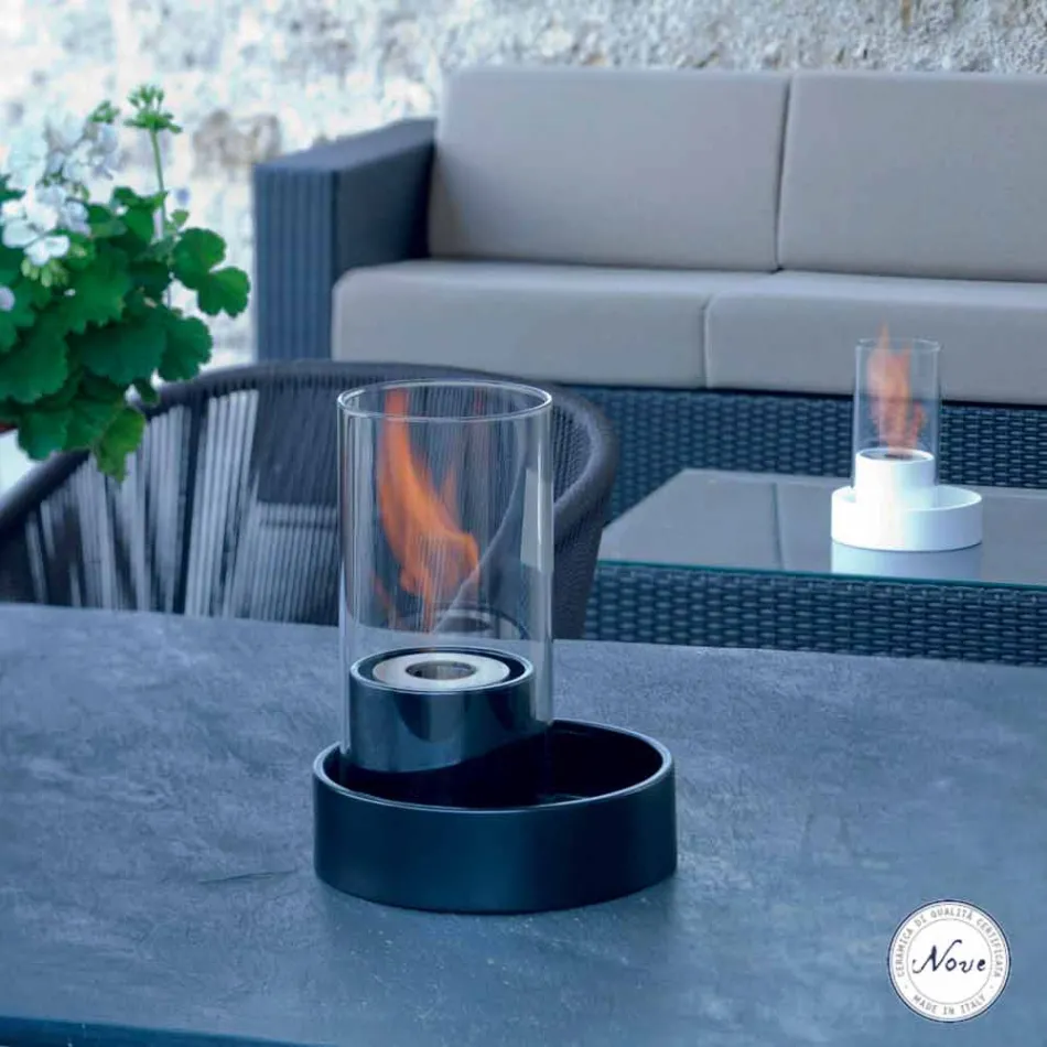 Chimenea con cerámica y mesa de cristal bioetanol Jim, fabricado en Italia Viadurini
