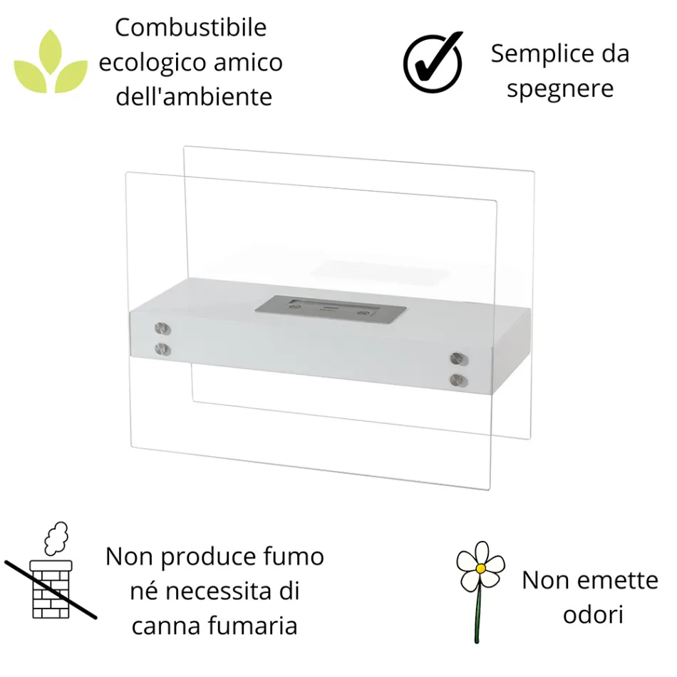 Chimenea de suelo de bioetanol en metal blanco y cristal templado - Timon Viadurini